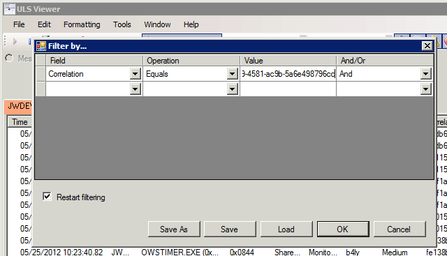 Editing a filter. Field: Correlation, Operation: Equals, Value: your Correlation ID, And/Or: And
