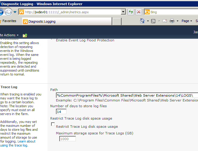 Trace log settings in Central Administration